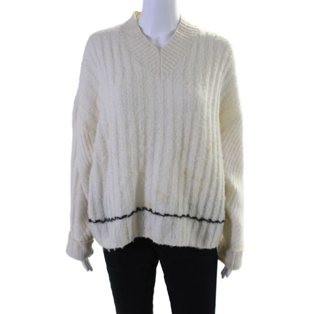 Helmut Lang Womens Long Sleeve Oversized V Neck Sweater White Black Wool Size XS